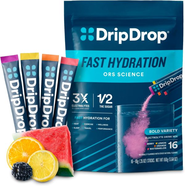 DripDrop Hydration Packets - Bold Variety Pack - Single Serve Electrolytes Powder Drink Mix - Watermelon, Berry, Lemon, Orange - Non-GMO, Gluten Free, Vegan - 16 Sticks - Image 9